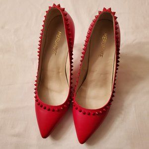 Women's Studded Red Leather Low-Heeled Pump
